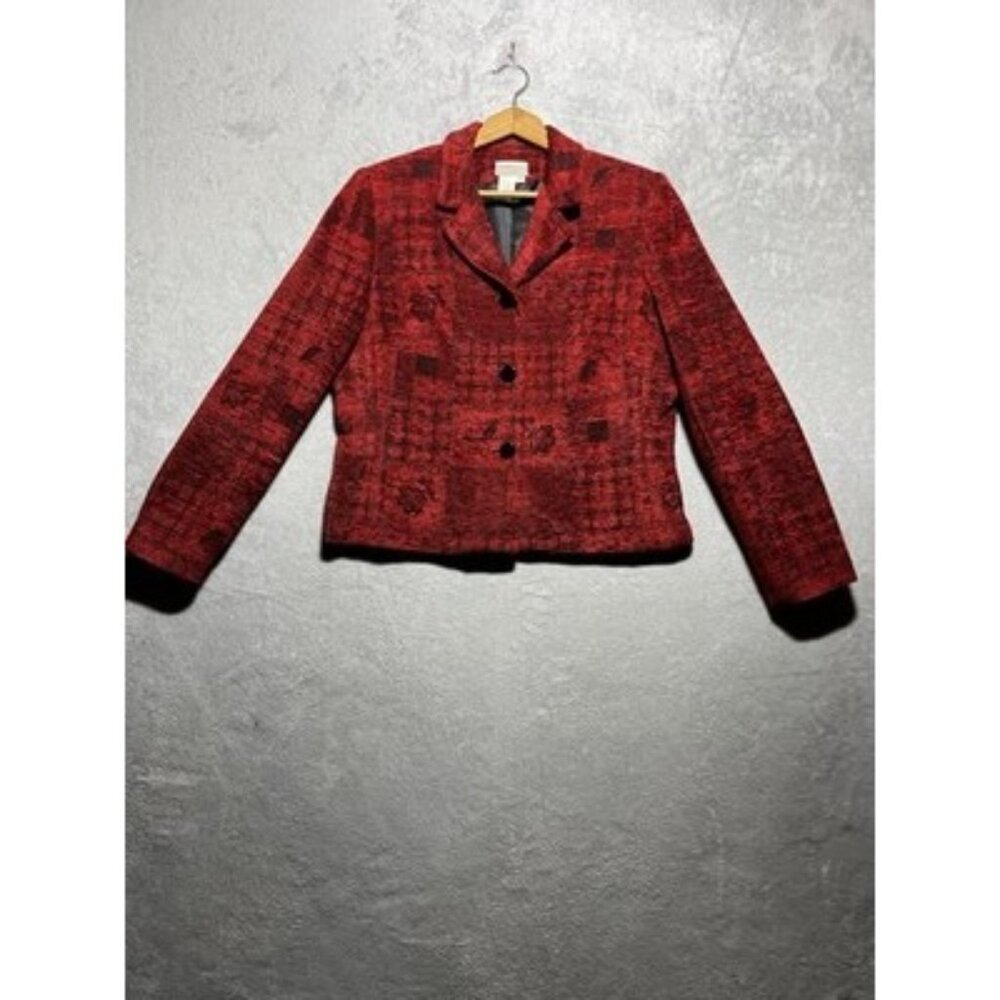 Vintage Coldwater Creek Women's 12 Red Black Velour X-Mas Holiday Blazer Jacket